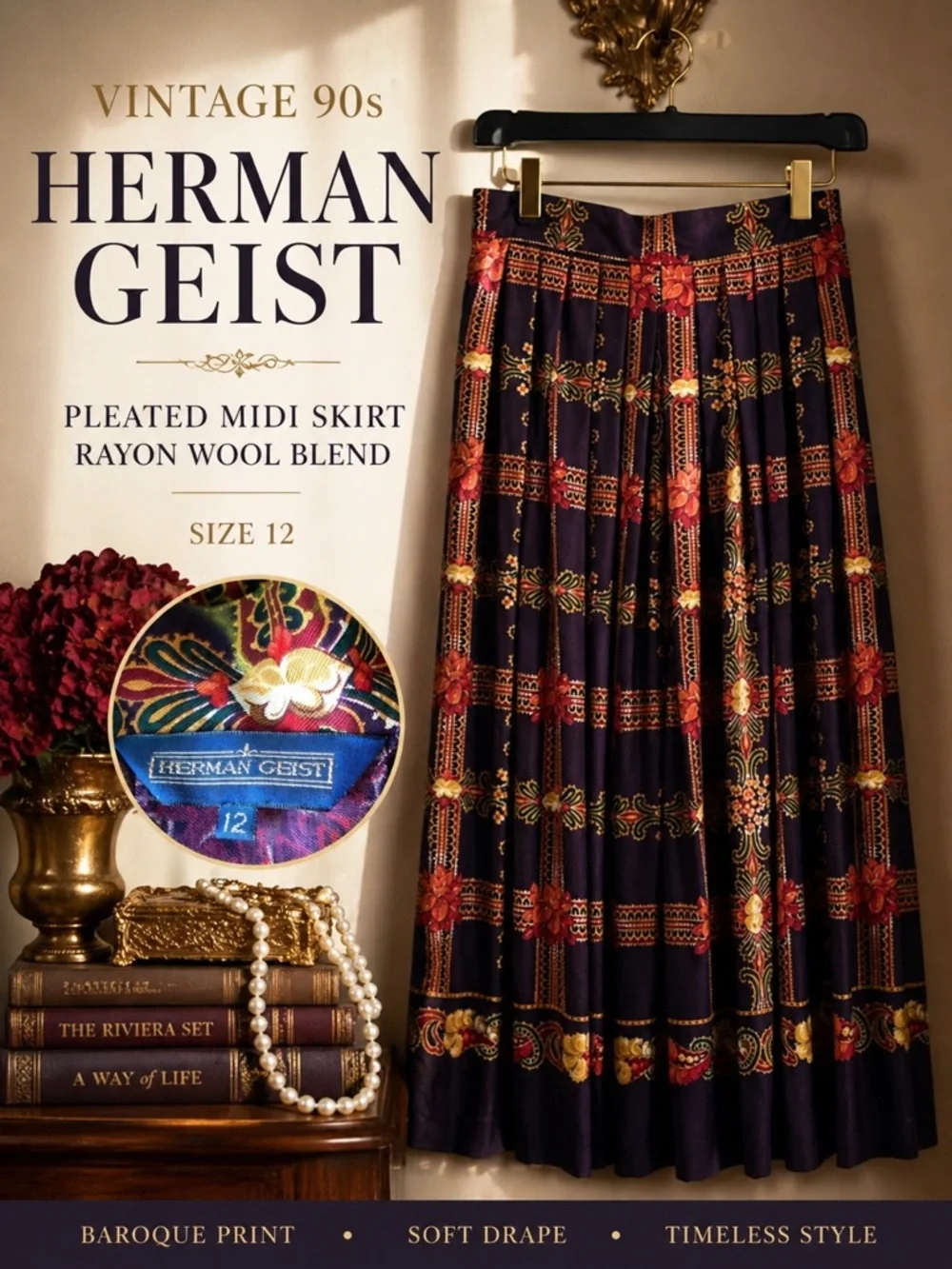 Vintage Pleated Midi Skirt Baroque Print Dark Academia Equestrian 12